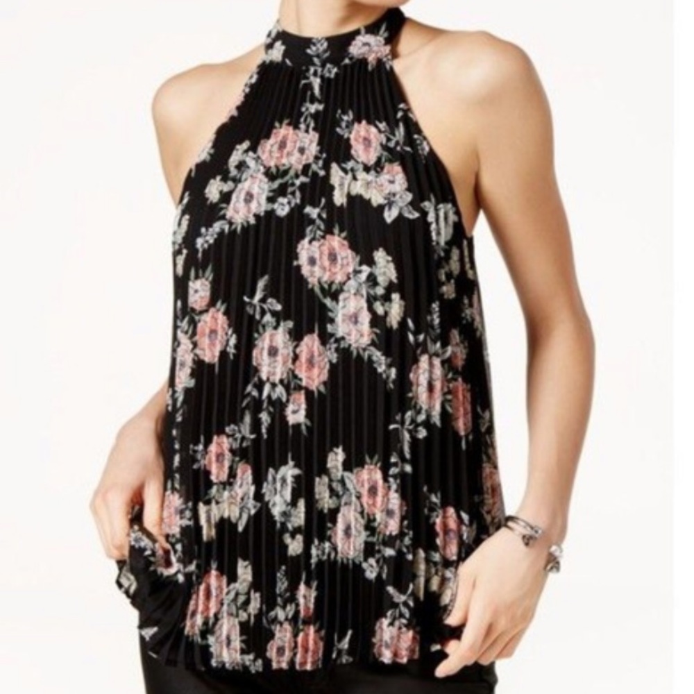 Lily Black floral pleated mock neck sleeveless top Dark feminine Dark romantic